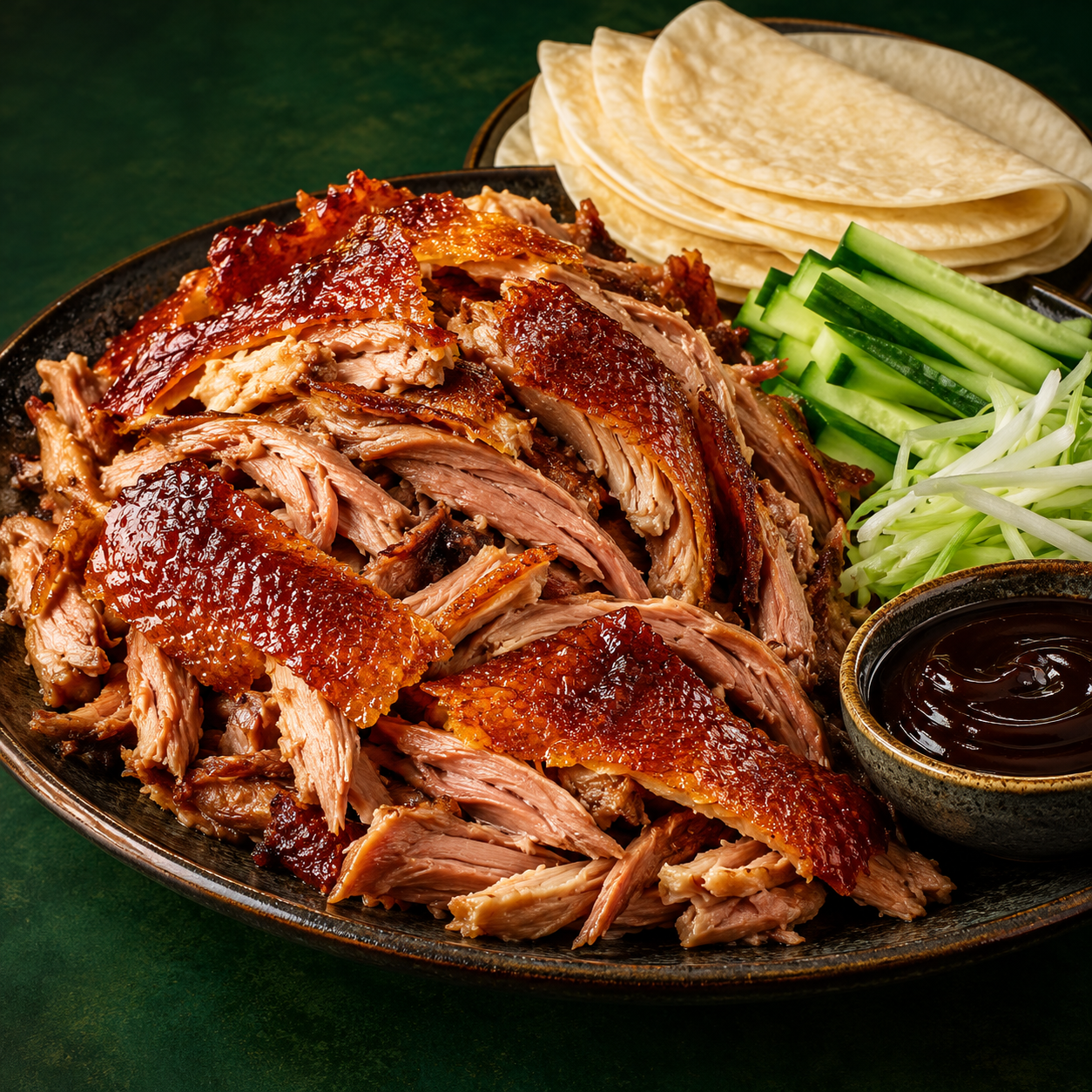 Crispy Aromatic Duck with pancakes, cucumber, spring onion and hoisin sauce — illustrative image